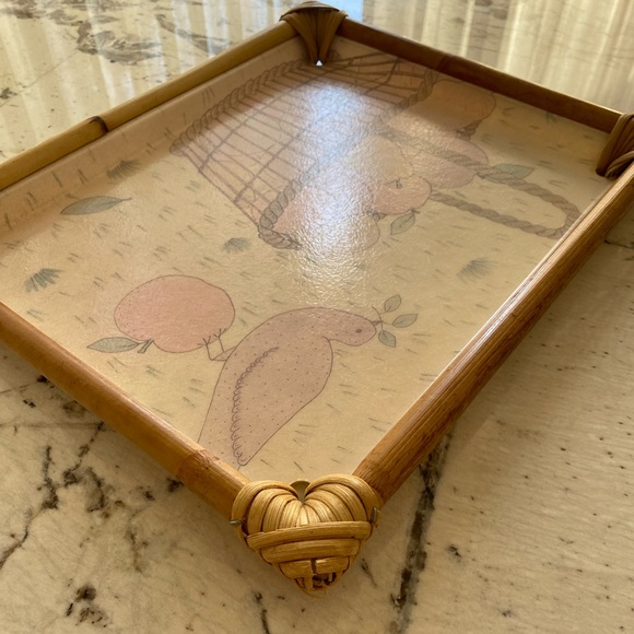 Alpac Vintage 80s Fiberglass Bamboo Tray Pastel Apples Basket Bird Design - Picture 4 of 14